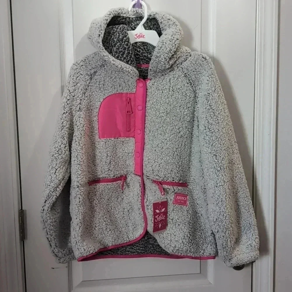 Justice Girls Full Zip Faux Sherpa Jacket with Hood